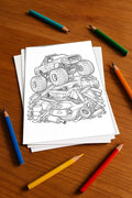 Monster Trucks Malbuch 20 Ausmalbilder gedruckt, ungebunden – Mockup-Ansicht