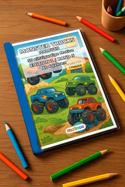 Monster Trucks Malbuch 50 Ausmalbilder gedruckt+gebunden – Mockup-Ansicht
