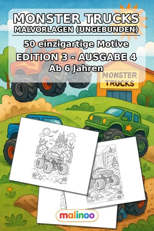 Monster Trucks Malbuch 50 Ausmalbilder gedruckt+lose – Cover