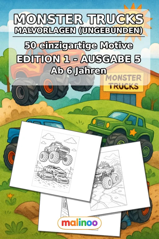 Monster Trucks Malbuch 50 Ausmalbilder gedruckt+lose – Cover