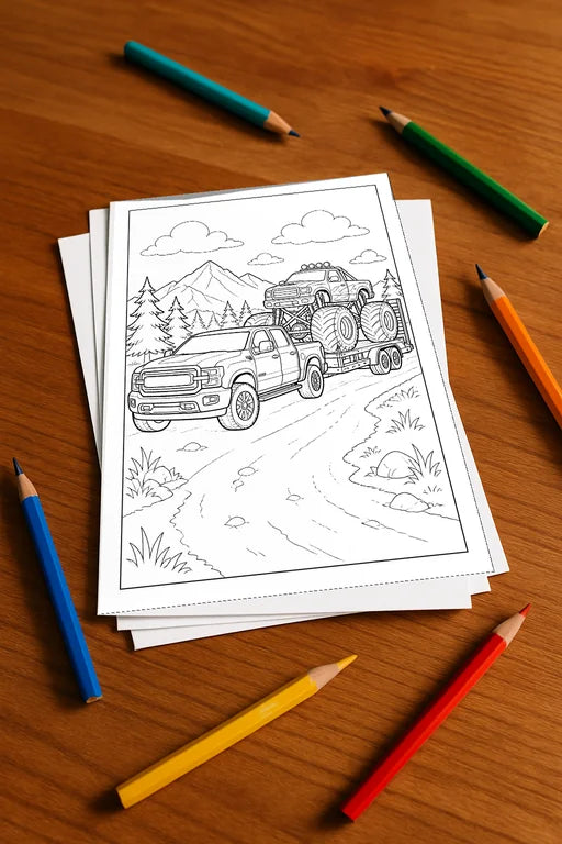 Monster Trucks Malbuch 50 Ausmalbilder gedruckt+lose – Mockup-Ansicht