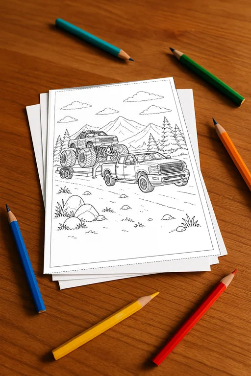 Monster Trucks Malbuch 50 Ausmalbilder gedruckt+lose – Mockup-Ansicht