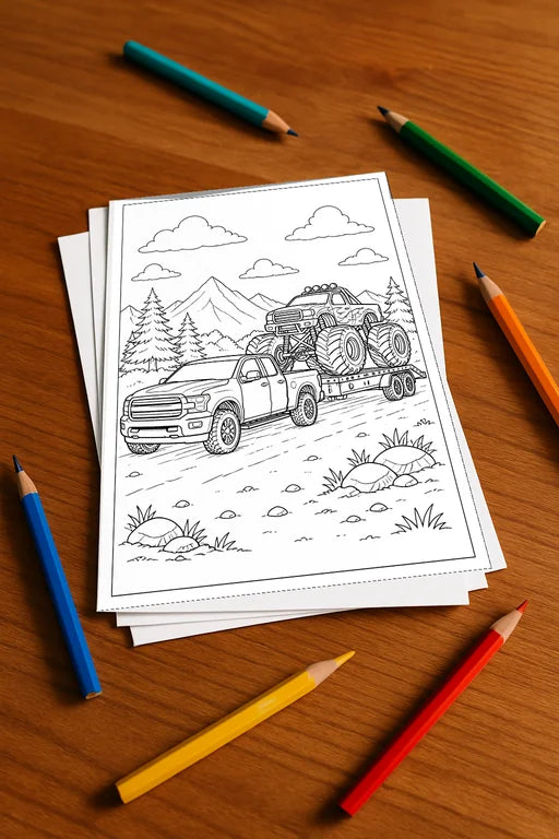 Monster Trucks Malbuch 50 Ausmalbilder gedruckt+lose – Mockup-Ansicht