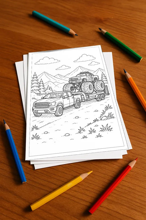 Monster Trucks Malbuch 50 Ausmalbilder gedruckt+lose – Mockup-Ansicht