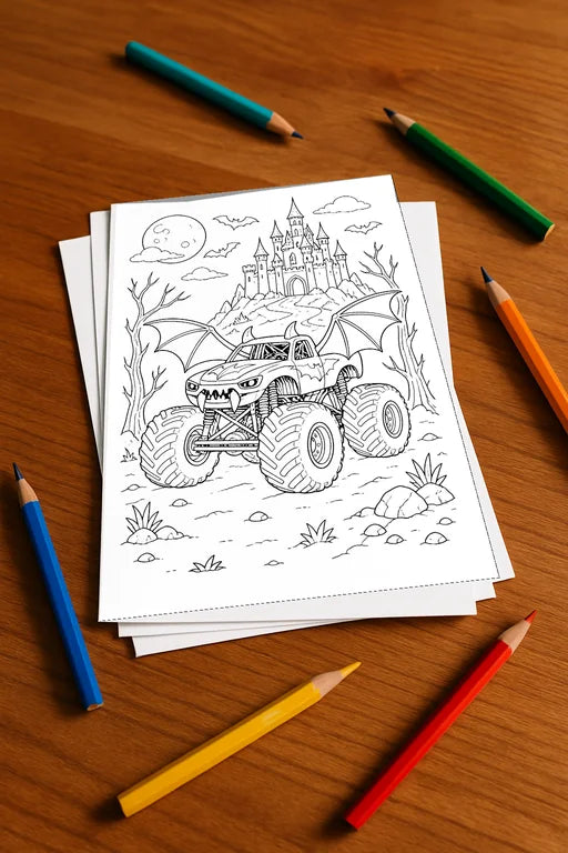 Monster Trucks Malbuch 50 Ausmalbilder gedruckt+lose – Mockup-Ansicht