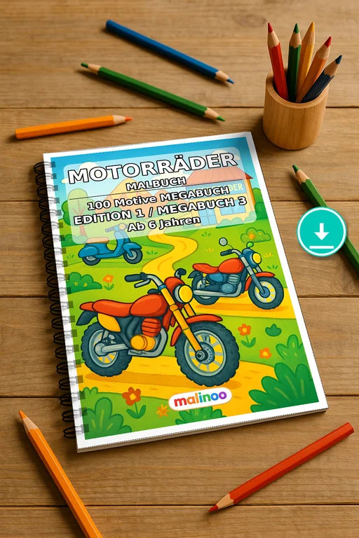 Motorräder Malbuch 100 Ausmalbilder PDF Download – Mockup-Ansicht