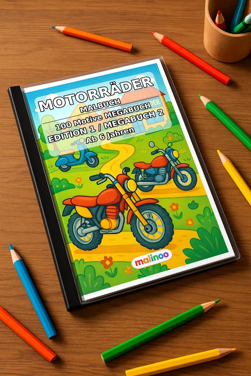 Motorräder Malbuch 100 Ausmalbilder gedruckt+gebunden – Mockup-Ansicht