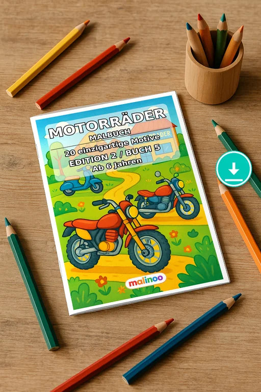 Motorräder Malbuch 20 Ausmalbilder PDF Download – Mockup-Ansicht