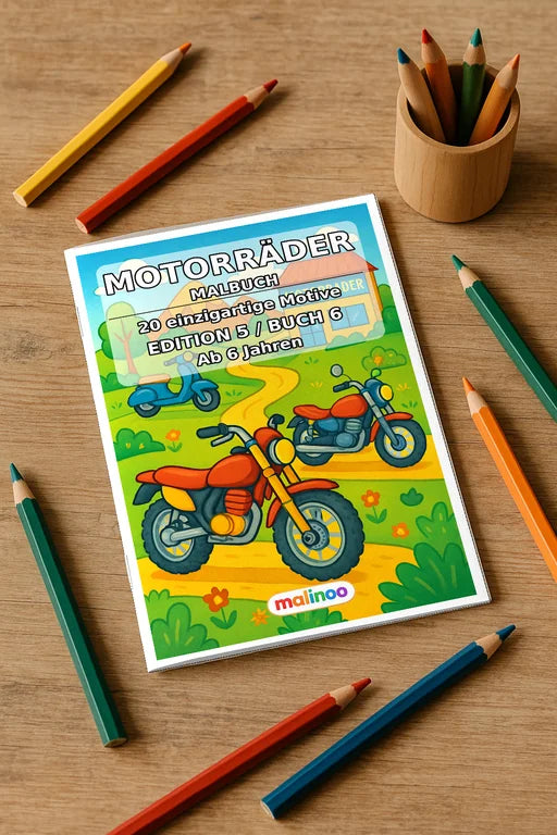 Motorräder Malbuch 20 Ausmalbilder gedruckt+gebunden – Mockup-Ansicht
