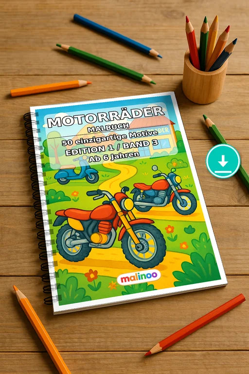 Motorräder Malbuch 50 Ausmalbilder PDF Download digital – Mockup-Ansicht