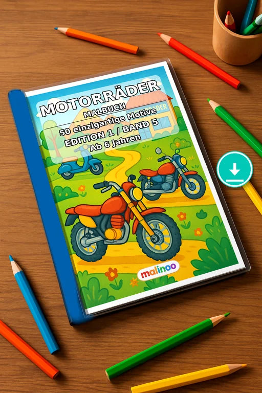 Motorräder Malbuch 50 Ausmalbilder PDF Download – Mockup-Ansicht