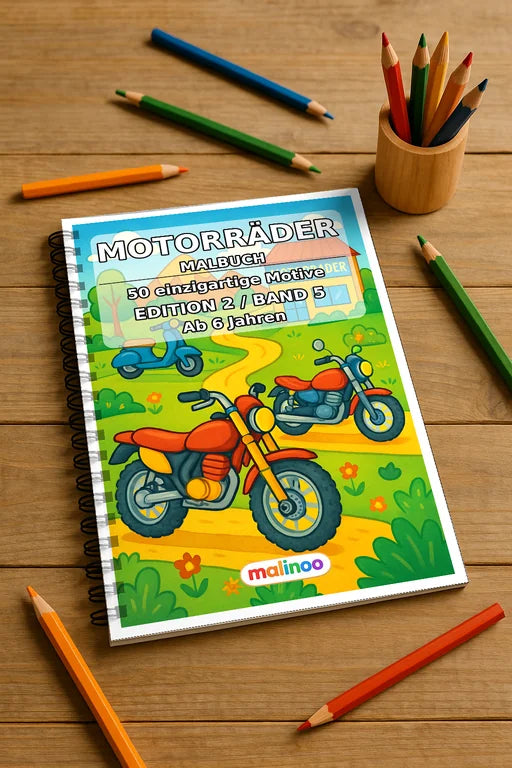 Motorräder Malbuch 50 Ausmalbilder gedruckt und gebunden – Mockup-Ansicht