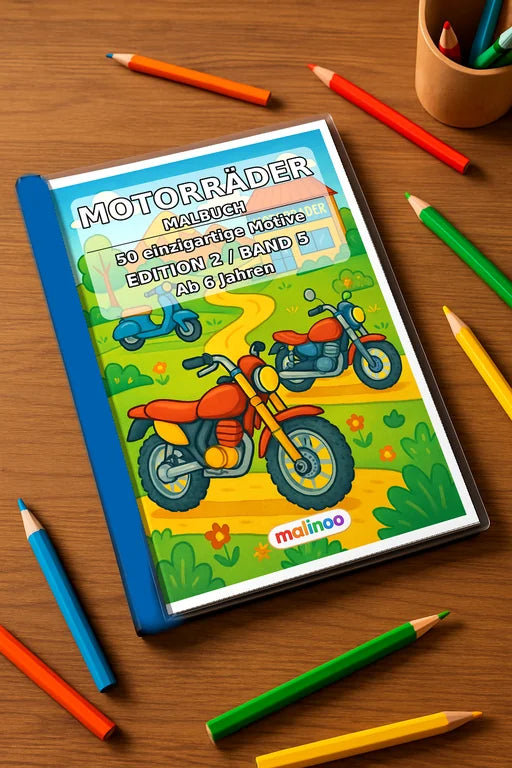 Motorräder Malbuch 50 Ausmalbilder gedruckt+gebunden – Mockup-Ansicht