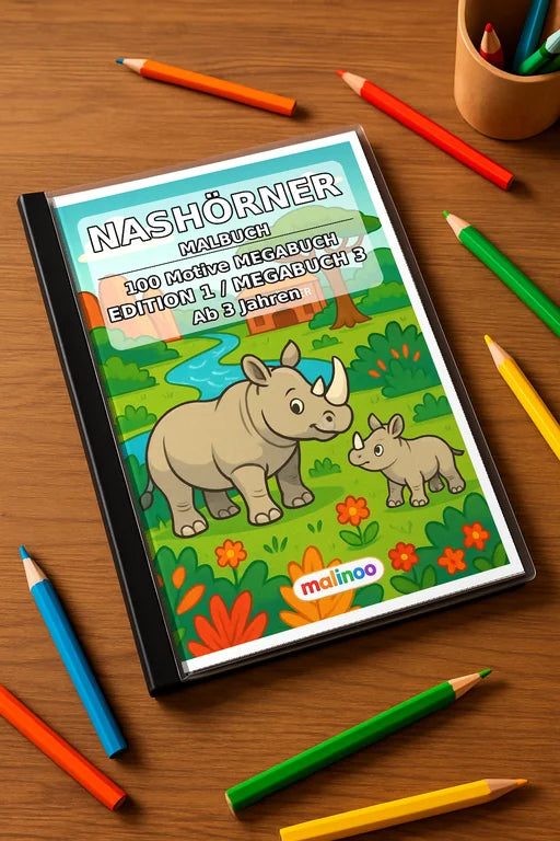 Nashörner Malbuch 100 Ausmalbilder gedruckt+gebunden – Mockup-Ansicht