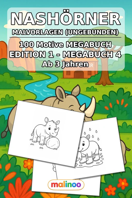 Nashörner Malbuch 100 Ausmalbilder gedruckt+lose – Cover