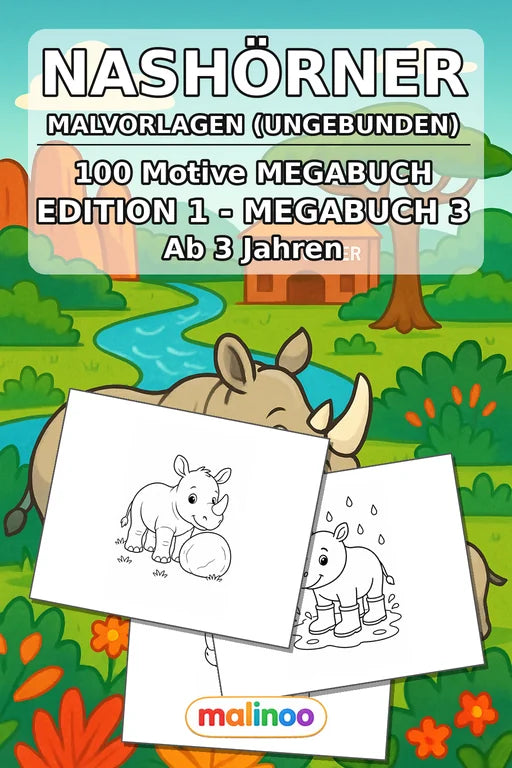 Nashörner Malbuch 100 Ausmalbilder gedruckt+lose – Cover