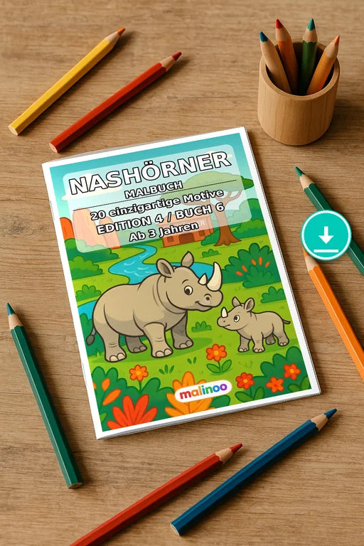 Nashörner Malbuch 20 Ausmalbilder PDF Download – Mockup-Ansicht