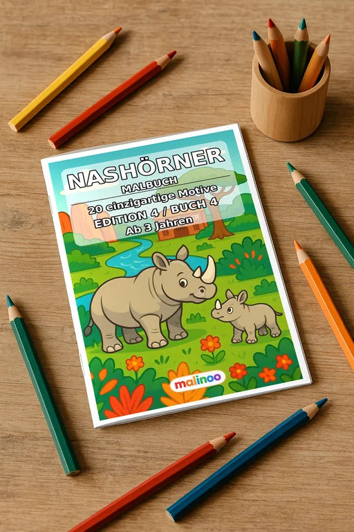 Nashörner Malbuch 20 Ausmalbilder gedruckt+gebunden – Mockup-Ansicht