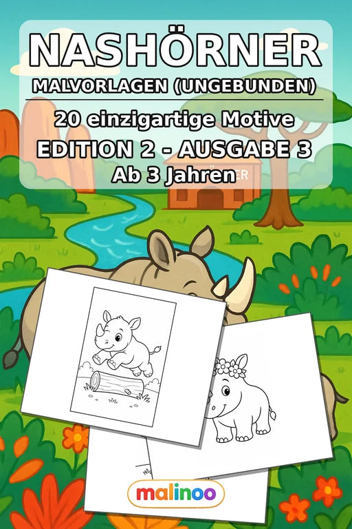 Nashörner Malbuch 20 Ausmalbilder gedruckt, ungebunden – Cover