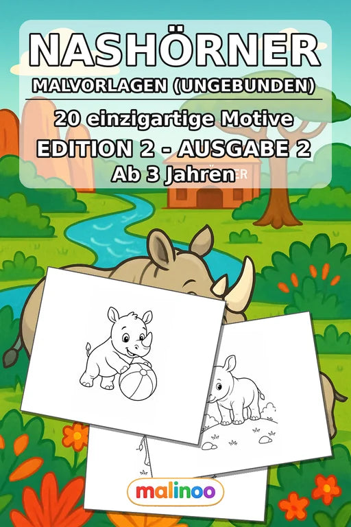 Nashörner Malbuch 20 Ausmalbilder gedruckt, ungebunden – Cover