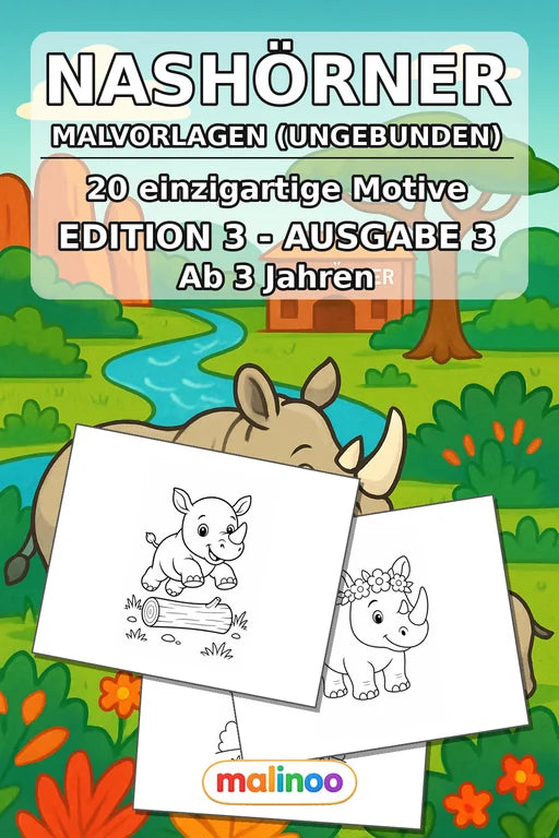 Nashörner Malbuch 20 Ausmalbilder gedruckt, ungebunden – Cover