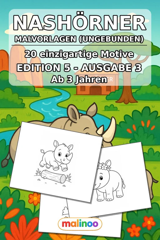 Nashörner Malbuch 20 Ausmalbilder gedruckt, ungebunden – Cover