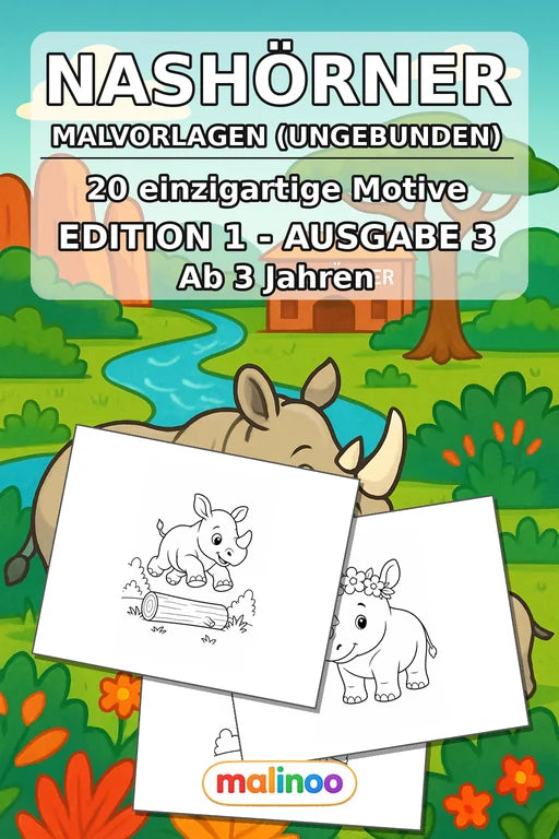Nashörner Malbuch 20 Ausmalbilder gedruckt, ungebunden – Cover