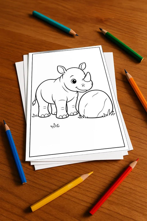 Nashörner Malbuch 20 Ausmalbilder gedruckt+lose – Mockup-Ansicht