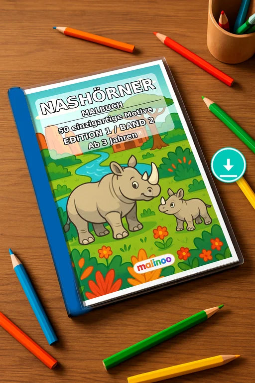 Nashörner Malbuch 50 Ausmalbilder PDF Download – Mockup-Ansicht