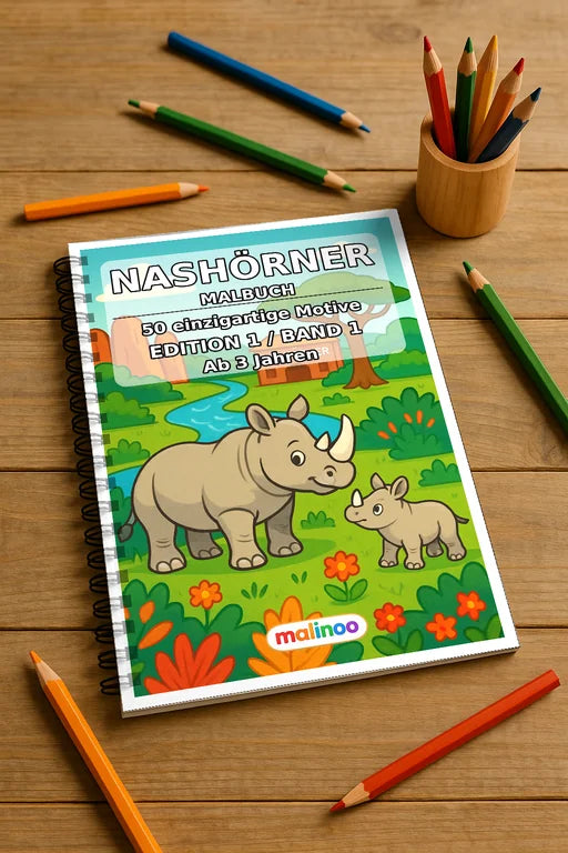 Nashörner Malbuch 50 Ausmalbilder gedruckt und gebunden – Mockup-Ansicht