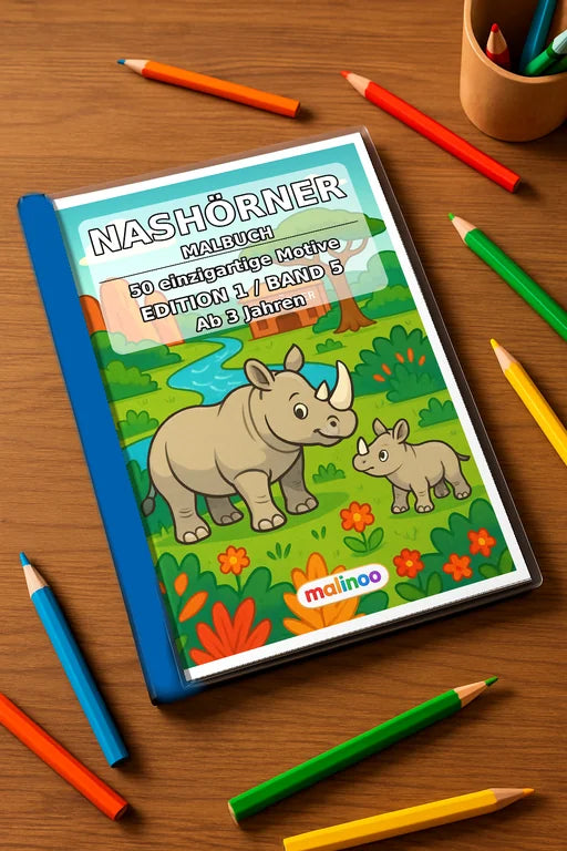 Nashörner Malbuch 50 Ausmalbilder gedruckt+gebunden – Mockup-Ansicht