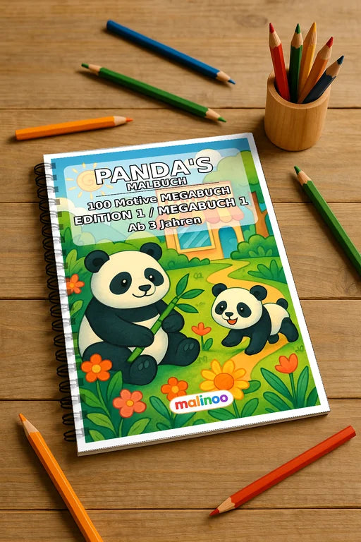 Panda's Malbuch 100 Ausmalbilder gedruckt und gebunden – Mockup-Ansicht