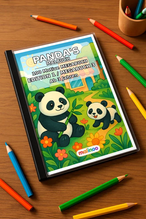 Panda's Malbuch 100 Ausmalbilder gedruckt+gebunden – Mockup-Ansicht