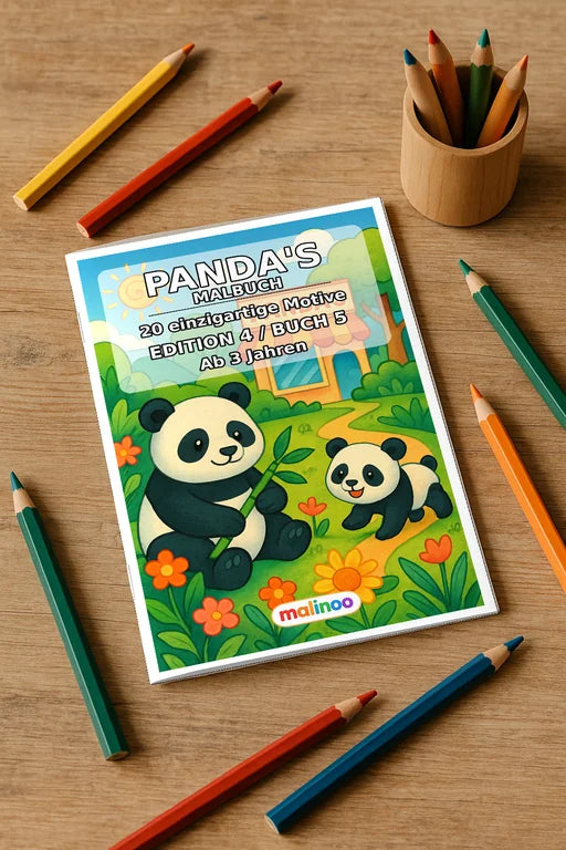 Panda's Malbuch 20 Ausmalbilder gedruckt+gebunden – Mockup-Ansicht