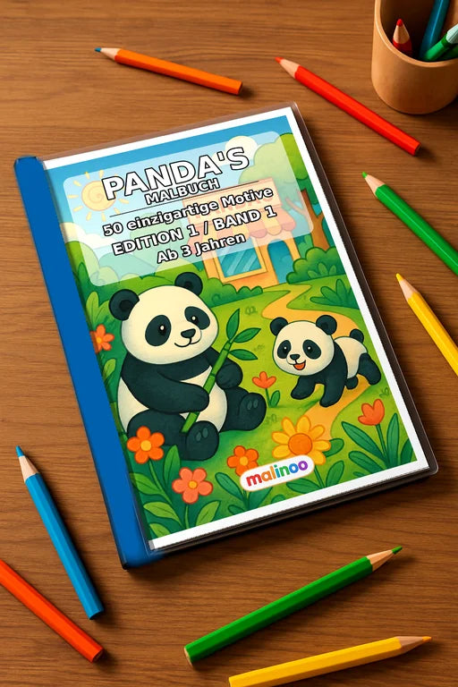 Panda's Malbuch 50 Ausmalbilder gedruckt+gebunden – Mockup-Ansicht