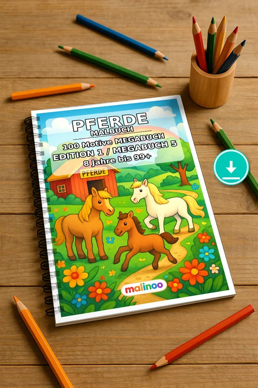 Pferde Malbuch 100 Ausmalbilder PDF Download – Mockup-Ansicht