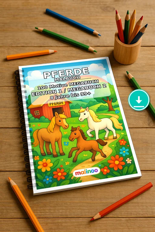 Pferde Malbuch 100 Ausmalbilder PDF Download – Mockup-Ansicht