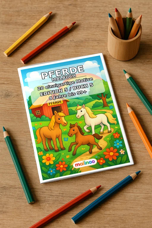 Pferde Malbuch 20 Ausmalbilder gedruckt+gebunden – Mockup-Ansicht