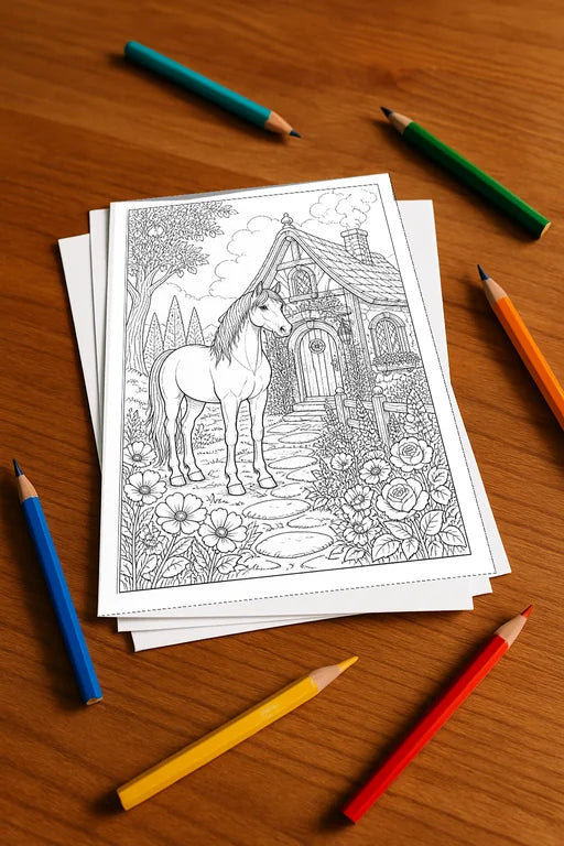 Pferde Malbuch 20 Ausmalbilder gedruckt, ungebunden – Mockup-Ansicht