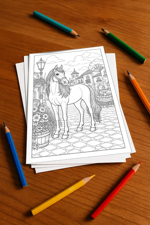 Pferde Malbuch 20 Ausmalbilder gedruckt, ungebunden – Mockup-Ansicht