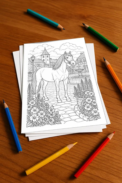 Pferde Malbuch 20 Ausmalbilder gedruckt, ungebunden – Mockup-Ansicht