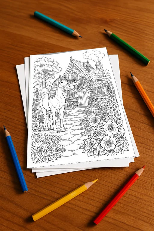 Pferde Malbuch 20 Ausmalbilder gedruckt+lose – Mockup-Ansicht