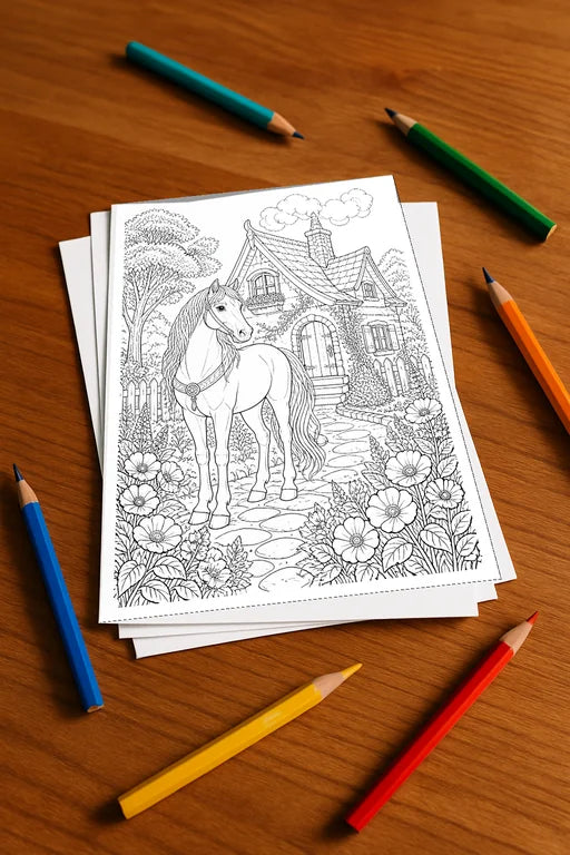 Pferde Malbuch 20 Ausmalbilder gedruckt, ungebunden – Mockup-Ansicht