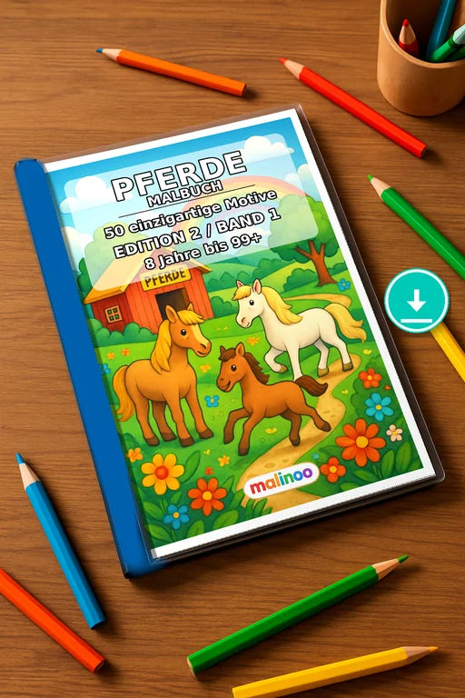 Pferde Malbuch 50 Ausmalbilder PDF Download – Mockup-Ansicht