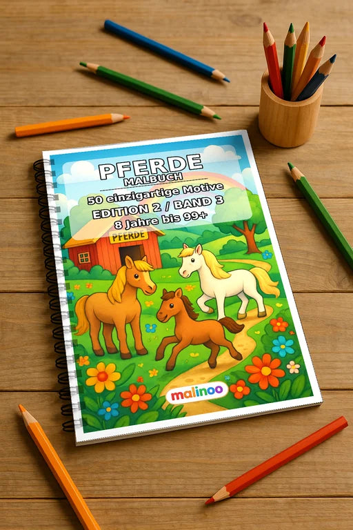 Pferde Malbuch 50 Ausmalbilder gedruckt und gebunden – Mockup-Ansicht