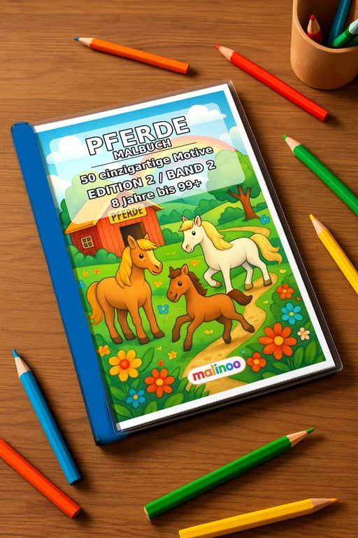 Pferde Malbuch 50 Ausmalbilder gedruckt+gebunden – Mockup-Ansicht
