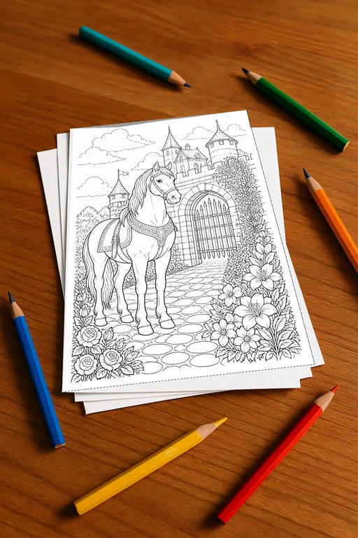 Pferde Malbuch 50 Ausmalbilder gedruckt, ungebunden – Mockup-Ansicht