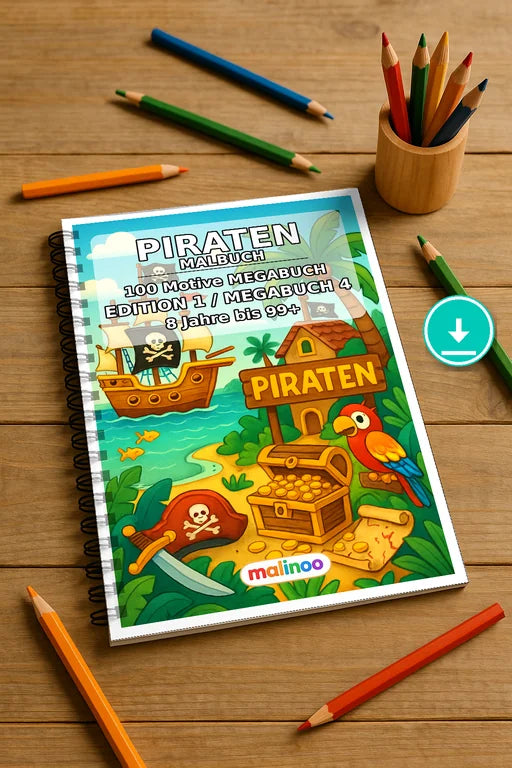 Piraten Malbuch 100 Ausmalbilder PDF Download digital – Mockup-Ansicht