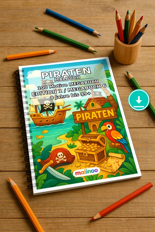 Piraten Malbuch 100 Ausmalbilder PDF Download digital – Mockup-Ansicht