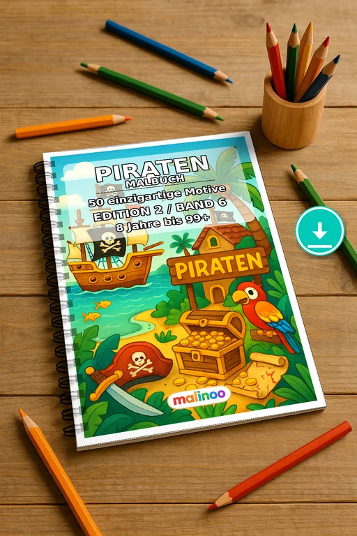 Piraten Malbuch 50 Ausmalbilder PDF Download digital – Mockup-Ansicht